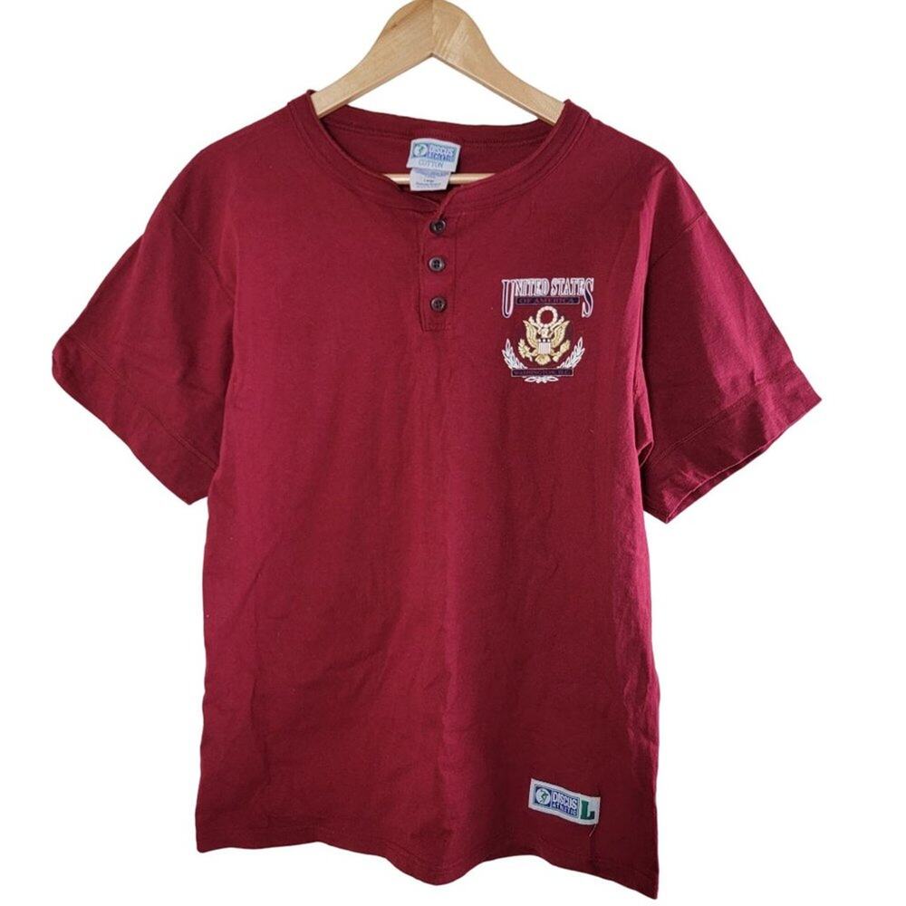 Vintage Discus Athletic 90s USA Emblem Logo Mens Tee T-Shirt size L Red